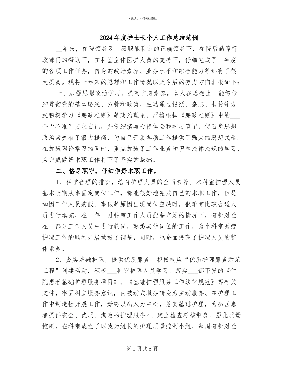 2024年度护士长个人工作总结范例_第1页