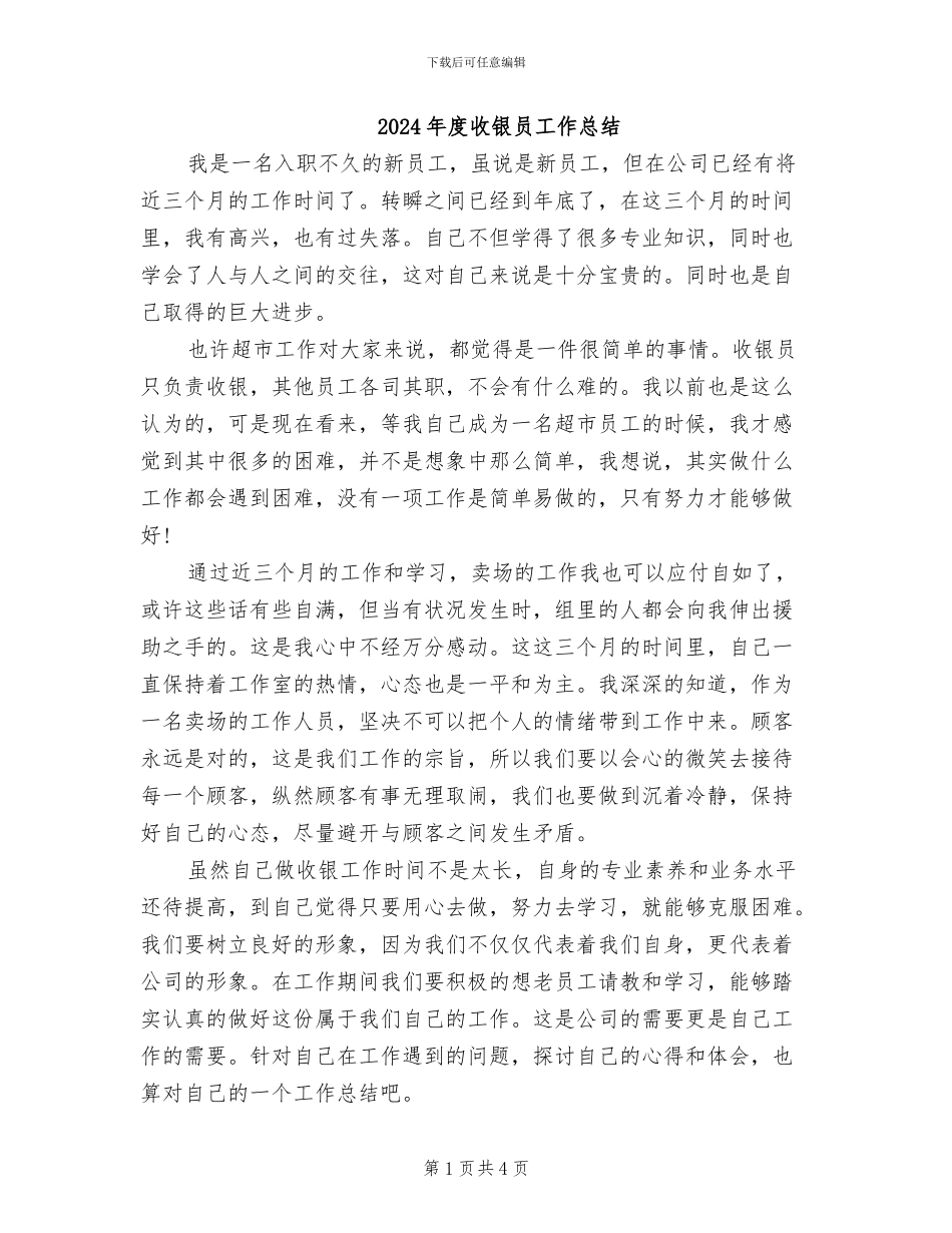 2024年度收银员工作总结_第1页