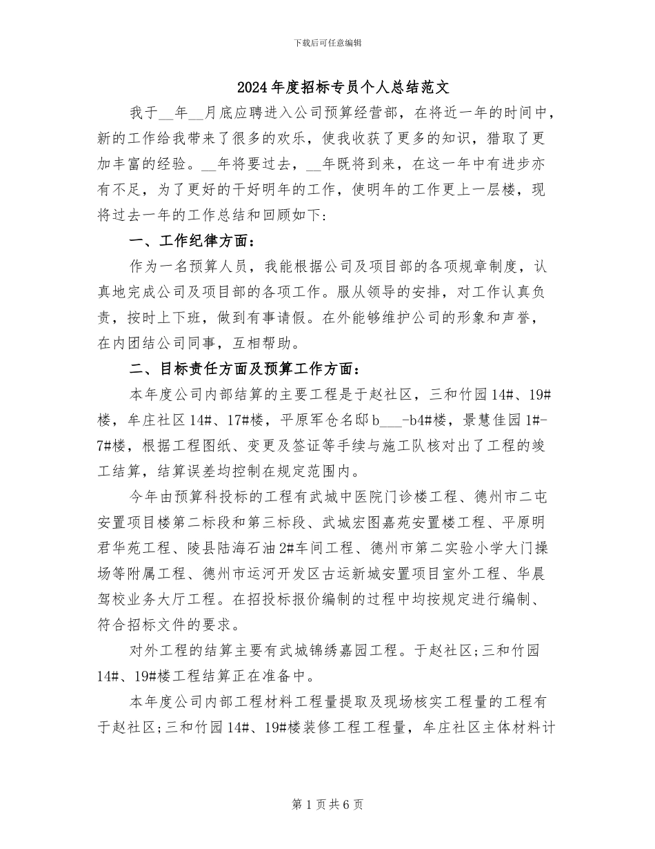 2024年度招标专员个人总结范文_第1页