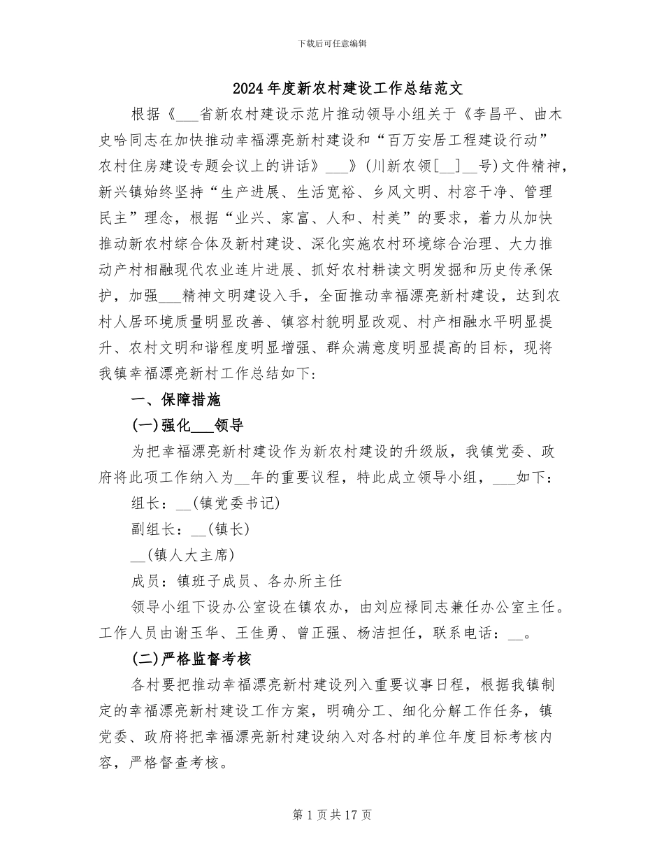 2024年度新农村建设工作总结范文_第1页