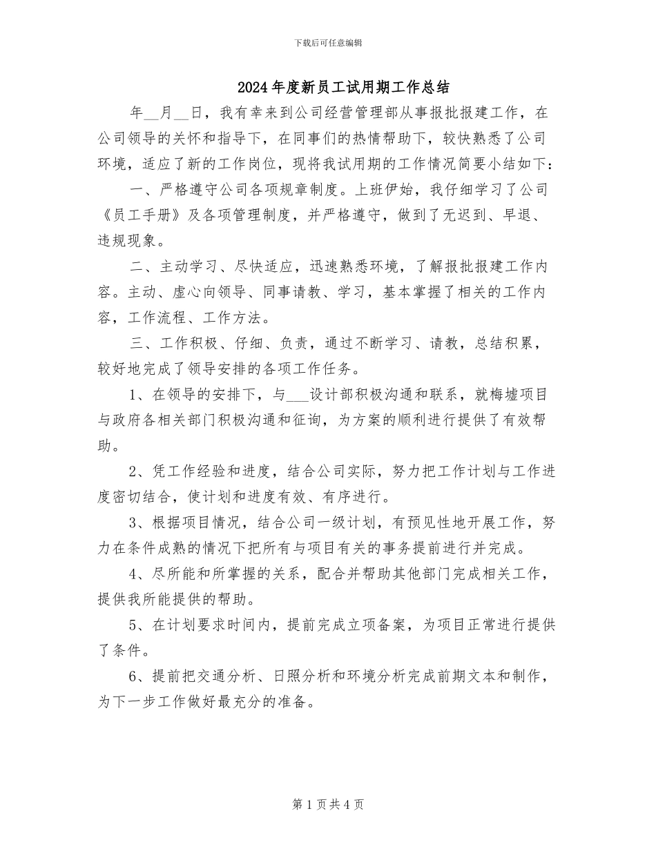 2024年度新员工试用期工作总结_第1页