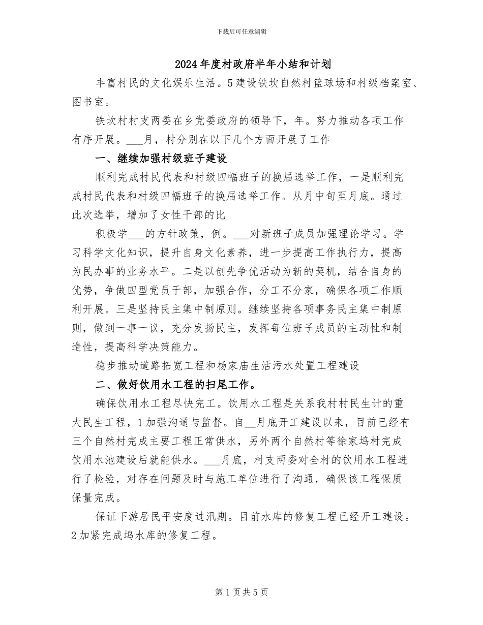 2024年度村政府半年小结和计划_第1页