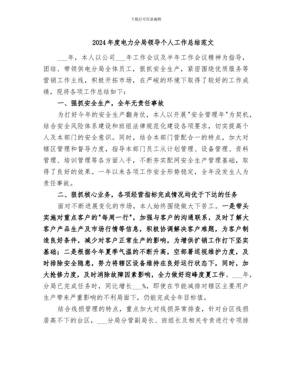 2024年度电力分局领导个人工作总结范文_第1页