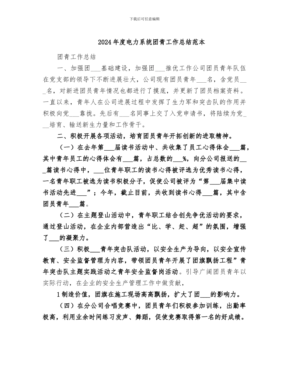 2024年度电力系统团青工作总结范本_第1页
