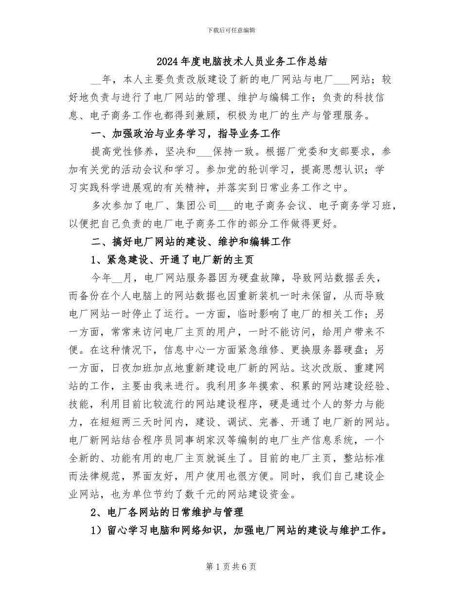 2024年度电脑技术人员业务工作总结_第1页