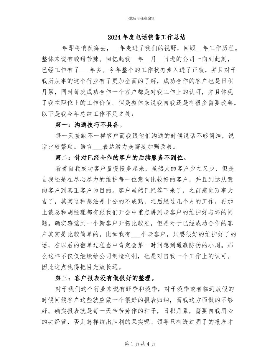 2024年度电话销售工作总结_第1页
