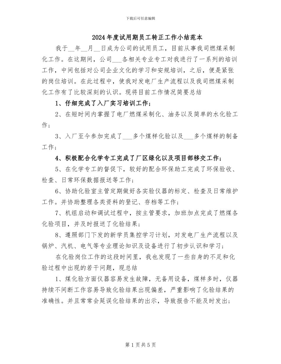 2024年度试用期员工转正工作小结范本_第1页