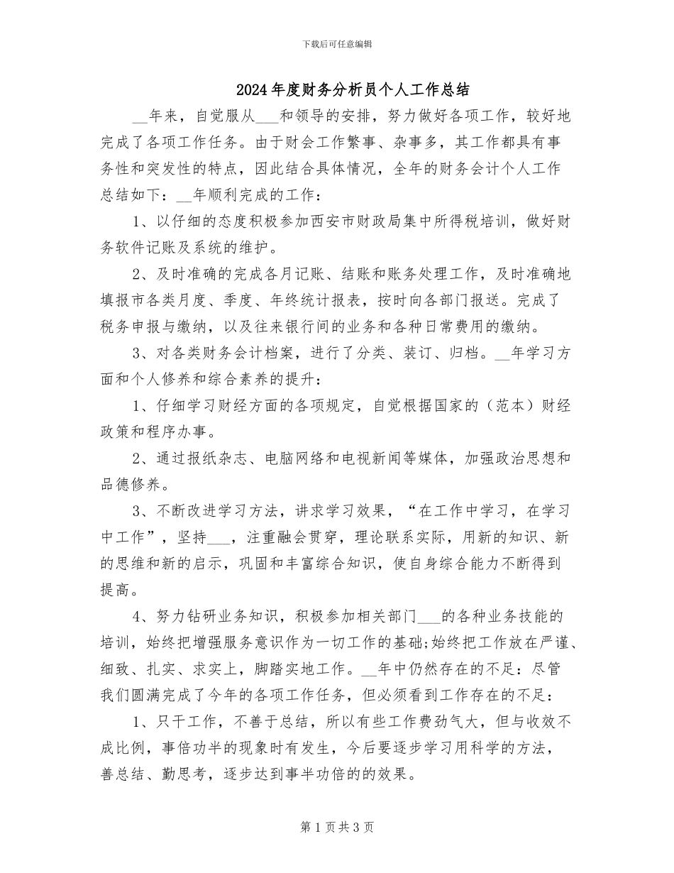 2024年度财务分析员个人工作总结_第1页