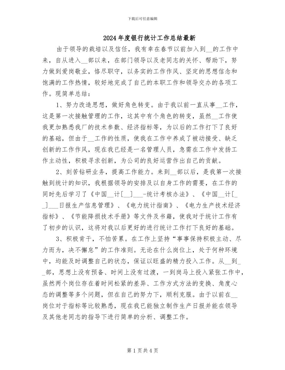 2024年度银行统计工作总结最新_第1页