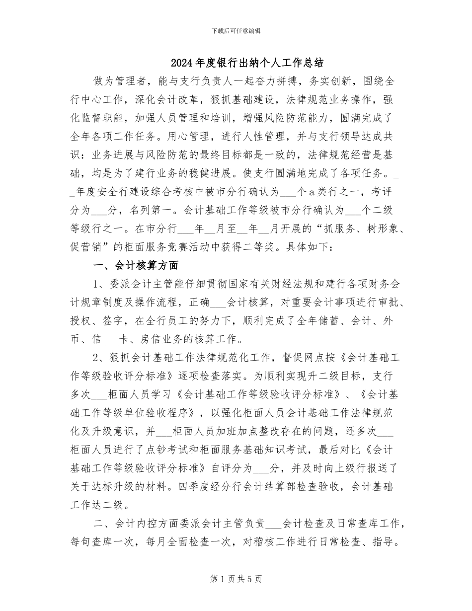 2024年度银行出纳个人工作总结_第1页