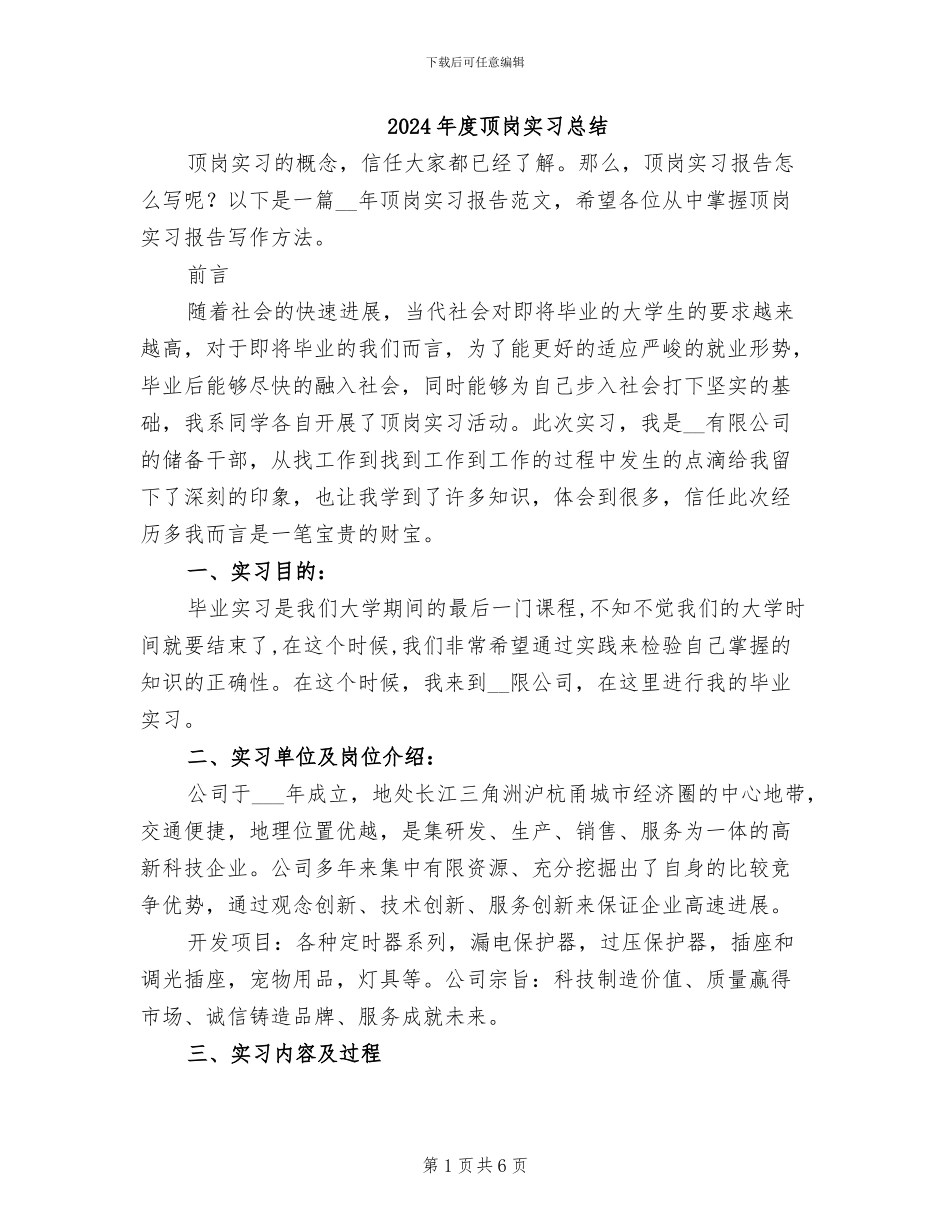 2024年度顶岗实习总结_第1页