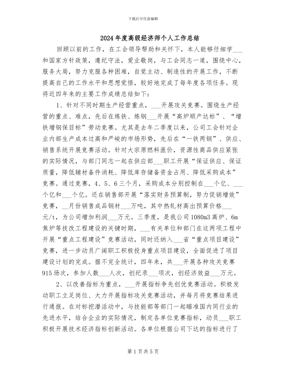 2024年度高级经济师个人工作总结_第1页