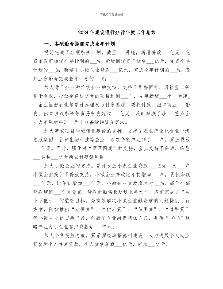 2024年建设银行分行年度工作总结_第1页