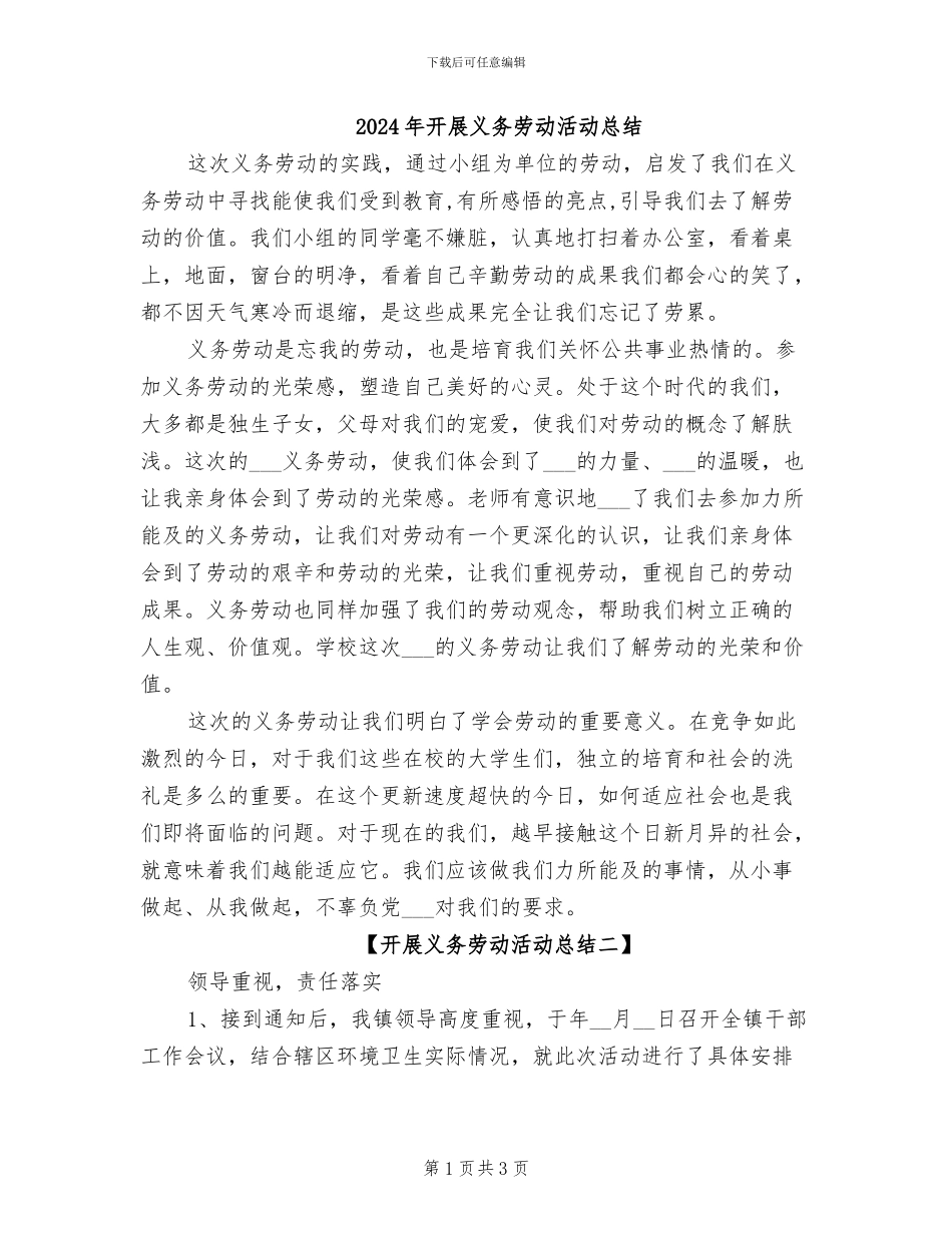 2024年开展义务劳动活动总结_第1页
