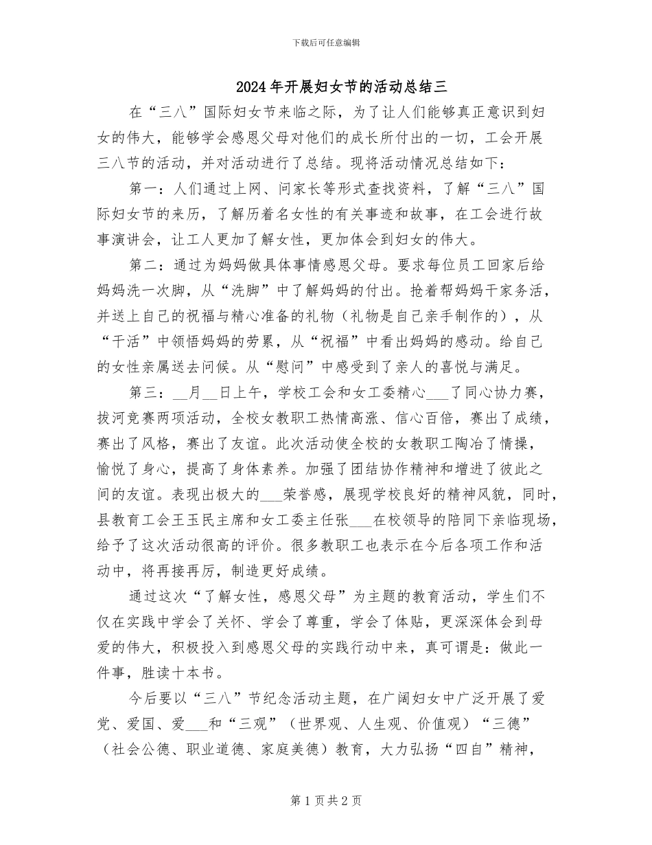 2024年开展妇女节的活动总结三_第1页