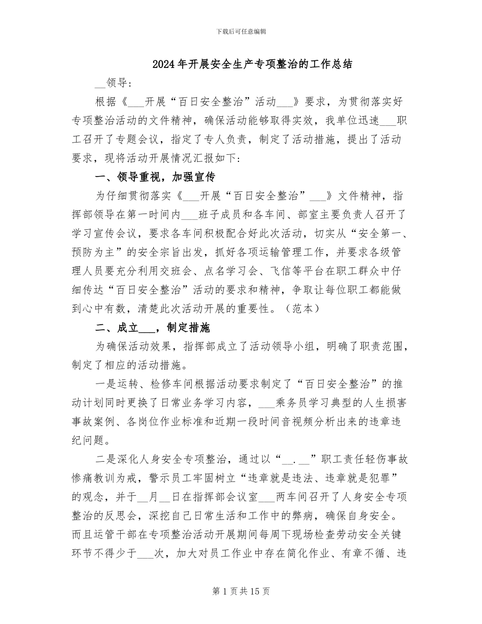 2024年开展安全生产专项整治的工作总结_第1页