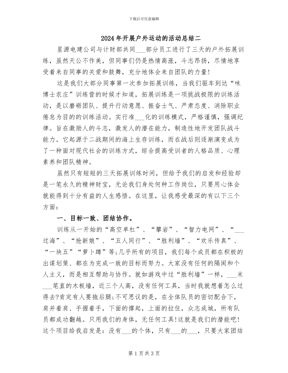 2024年开展户外运动的活动总结二_第1页