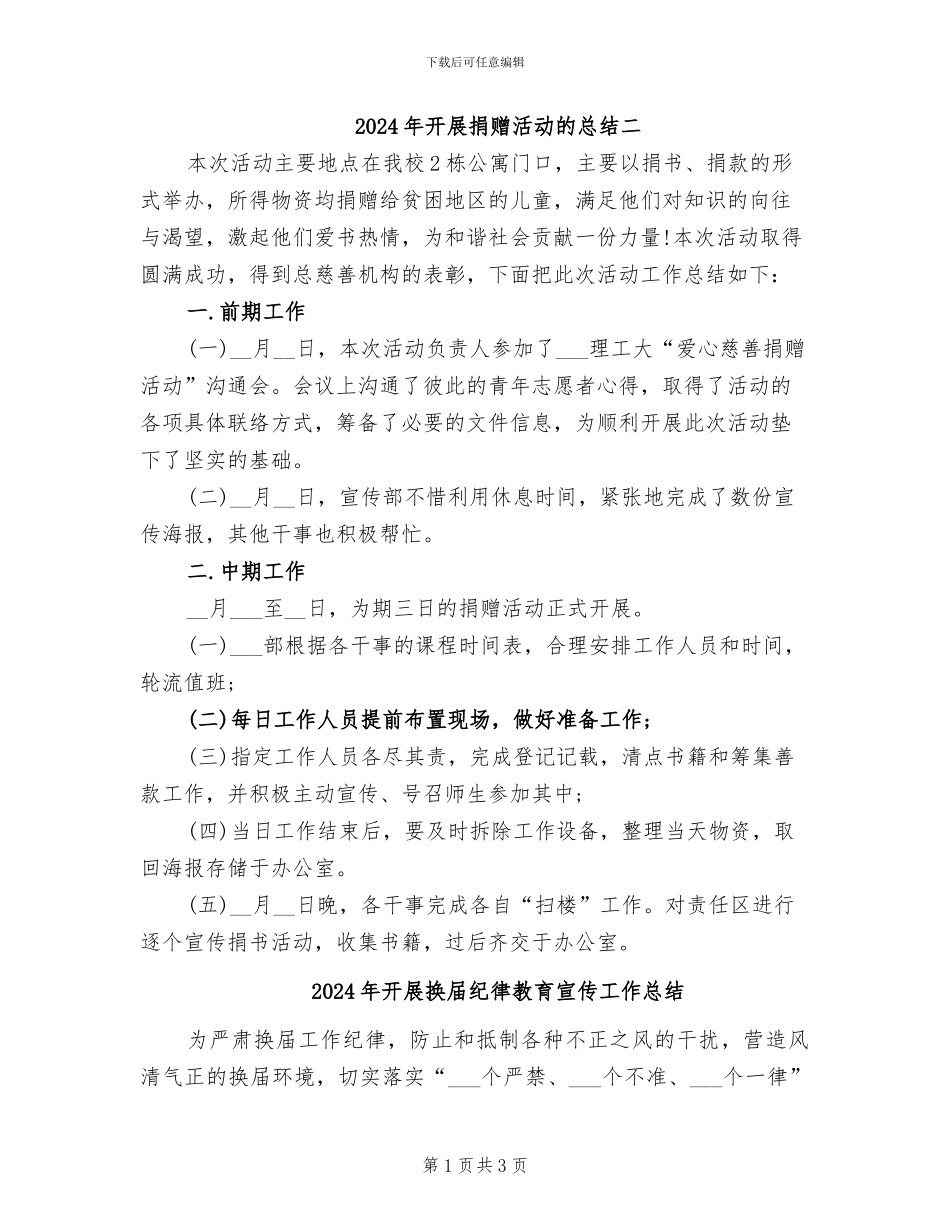 2024年开展捐赠活动的总结二_第1页