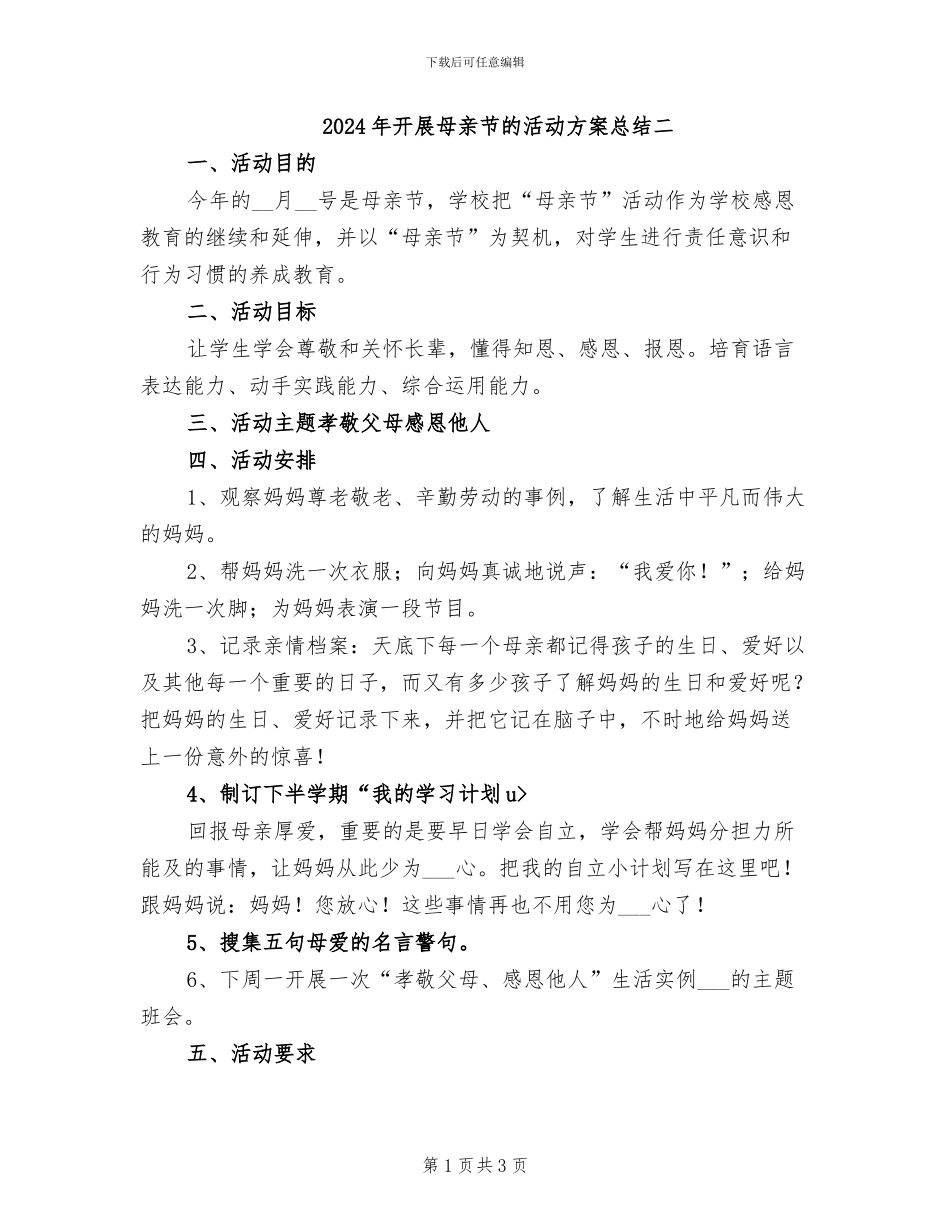 2024年开展母亲节的活动方案总结二_第1页