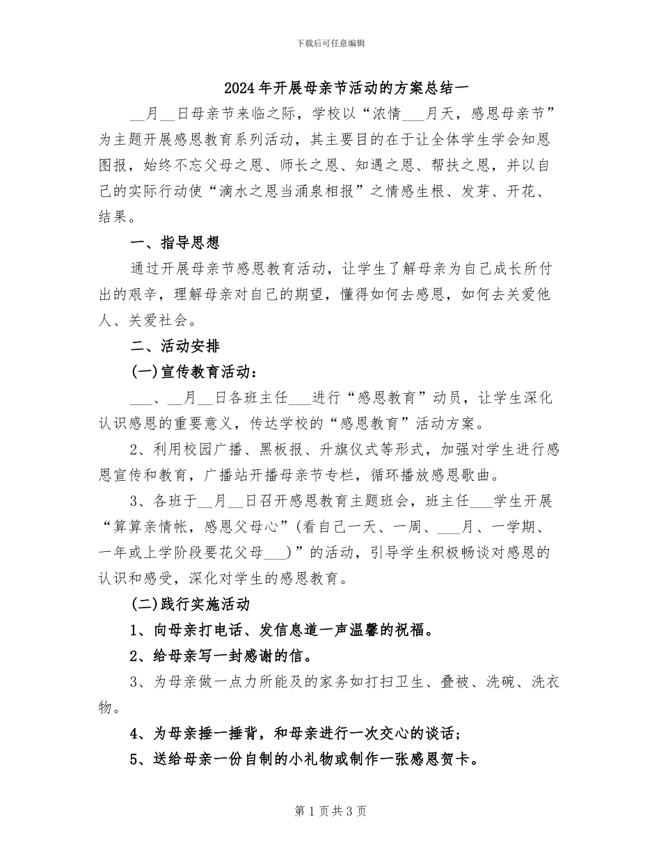 2024年开展母亲节活动的方案总结一_第1页
