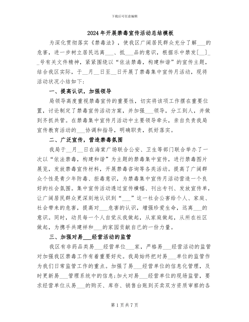 2024年开展禁毒宣传活动总结模板_第1页