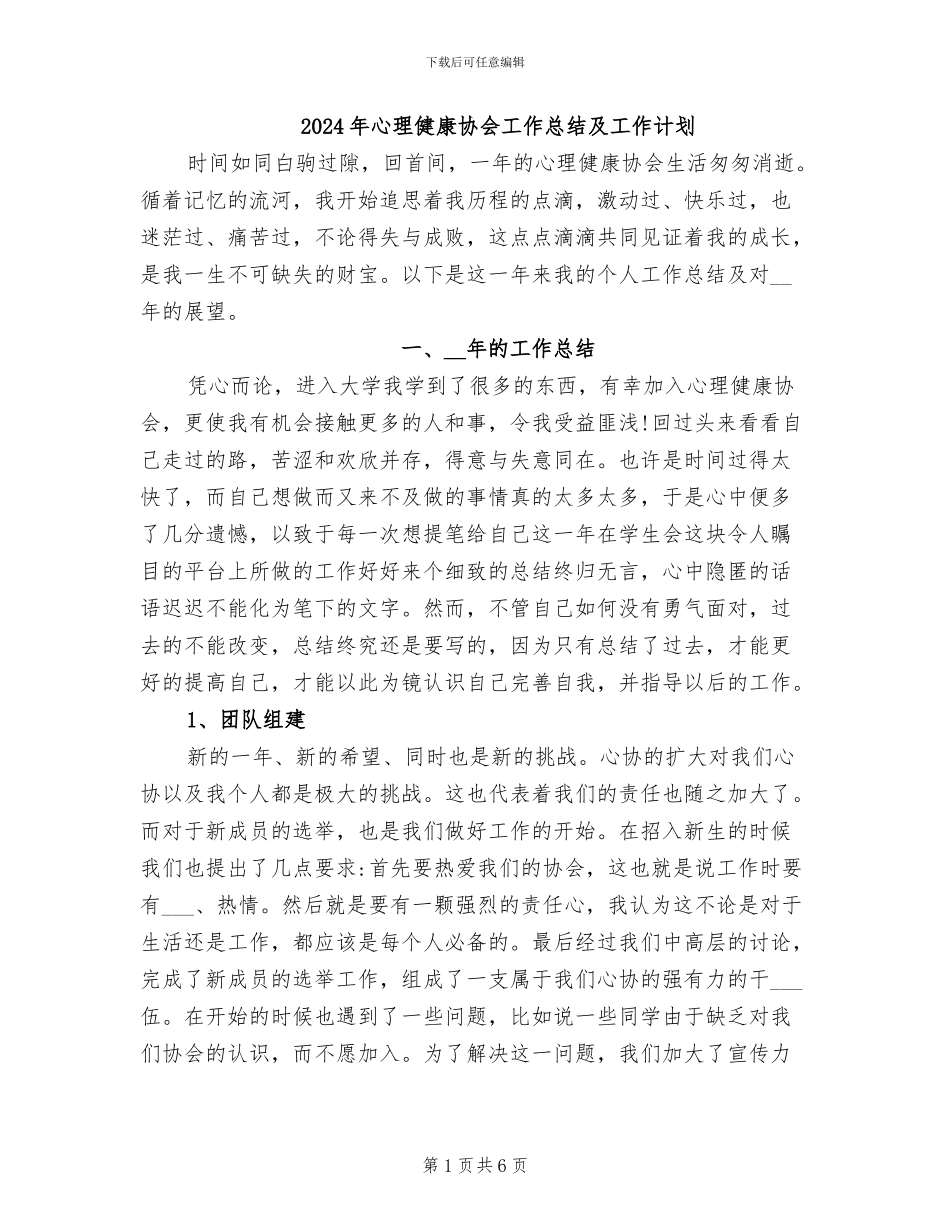 2024年心理健康协会工作总结及工作计划_第1页