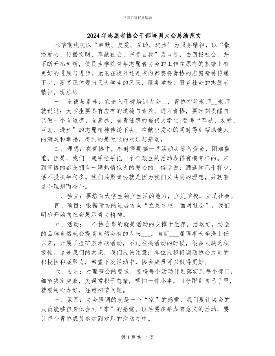 2024年志愿者协会干部培训大会总结范文_第1页