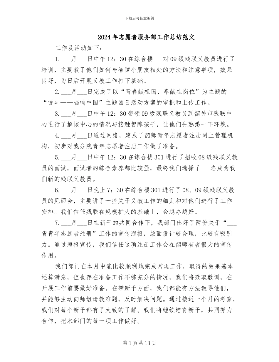 2024年志愿者服务部工作总结范文_第1页