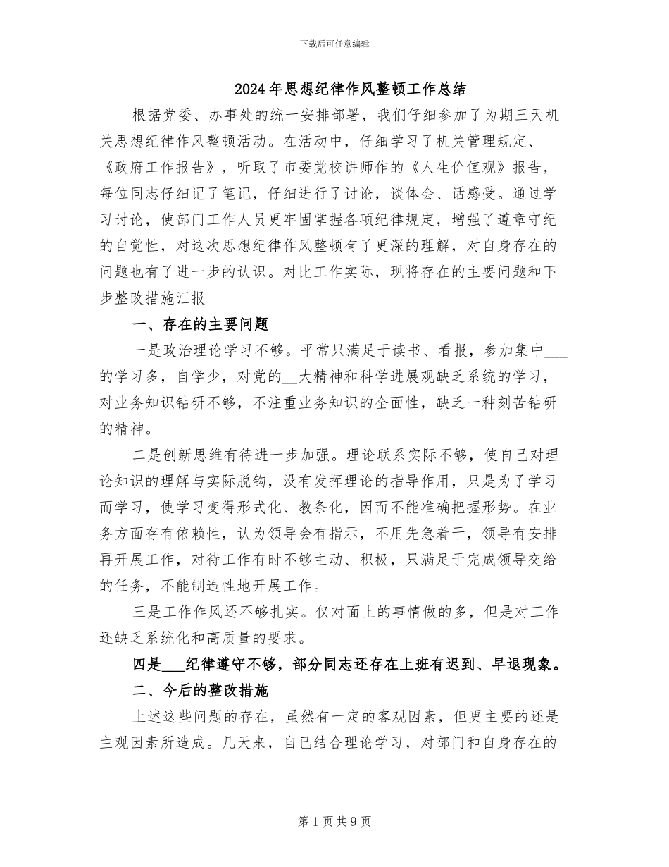 2024年思想纪律作风整顿工作总结_第1页
