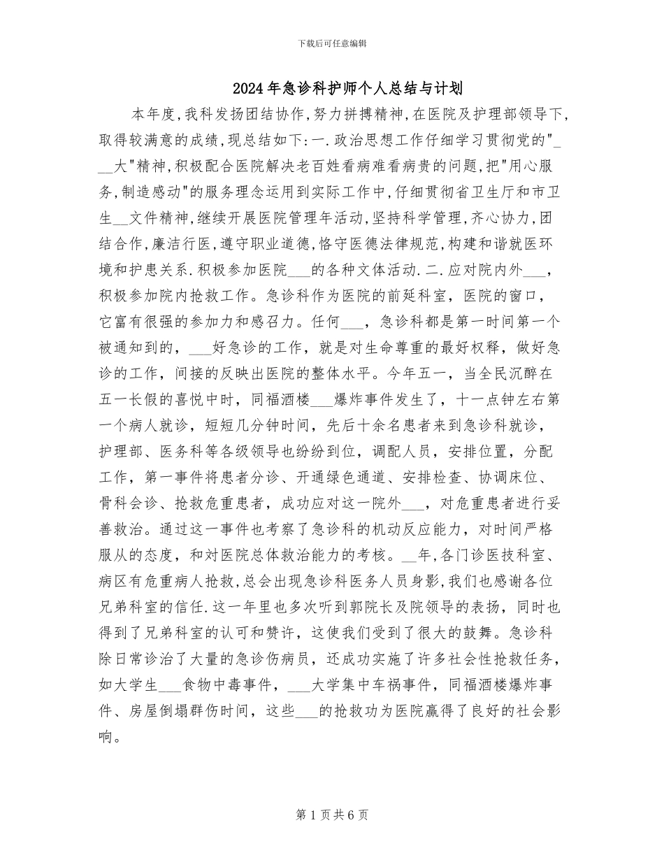 2024年急诊科护师个人总结与计划_第1页