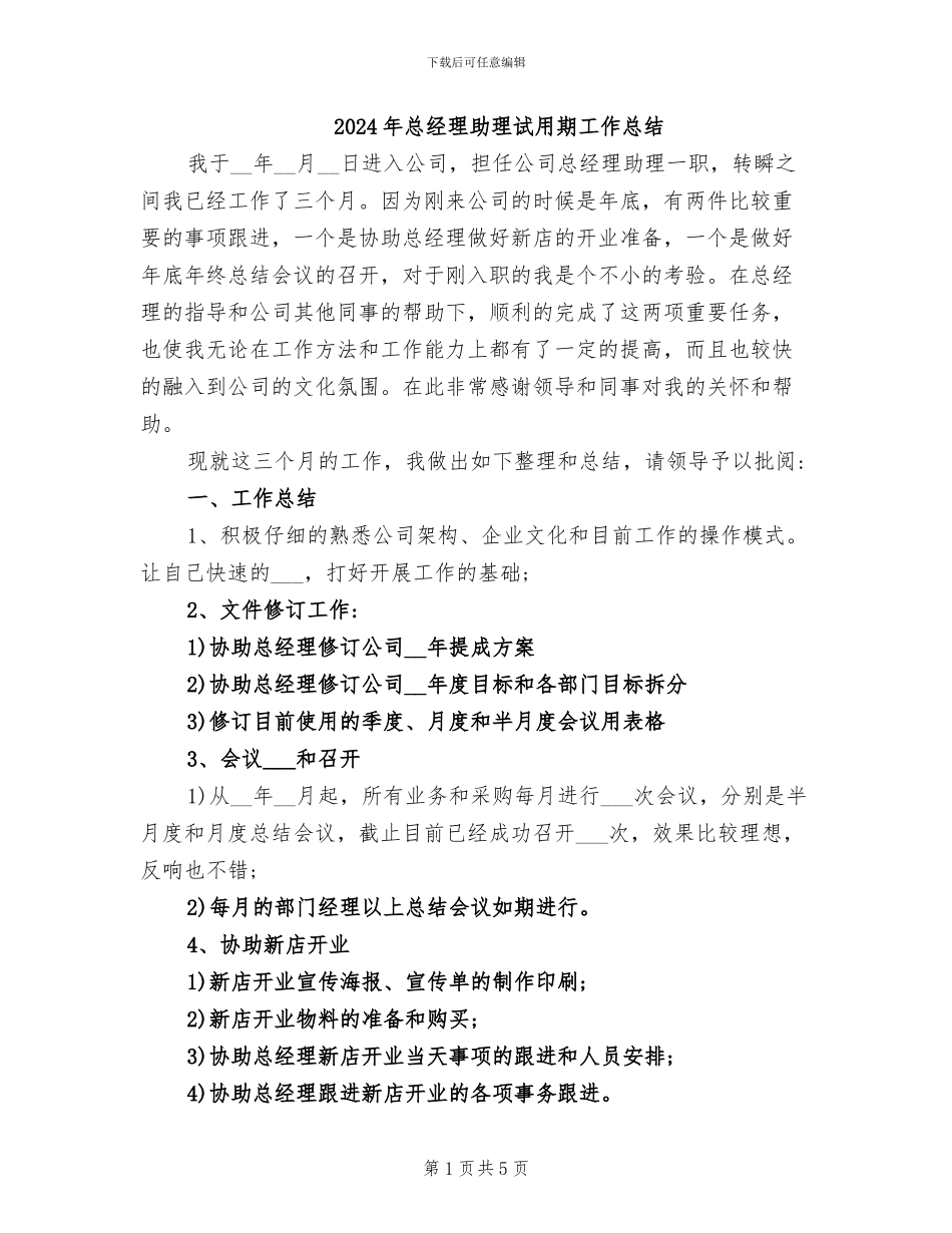 2024年总经理助理试用期工作总结_第1页