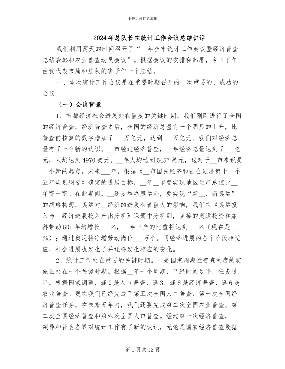 2024年总队长在统计工作会议总结讲话_第1页