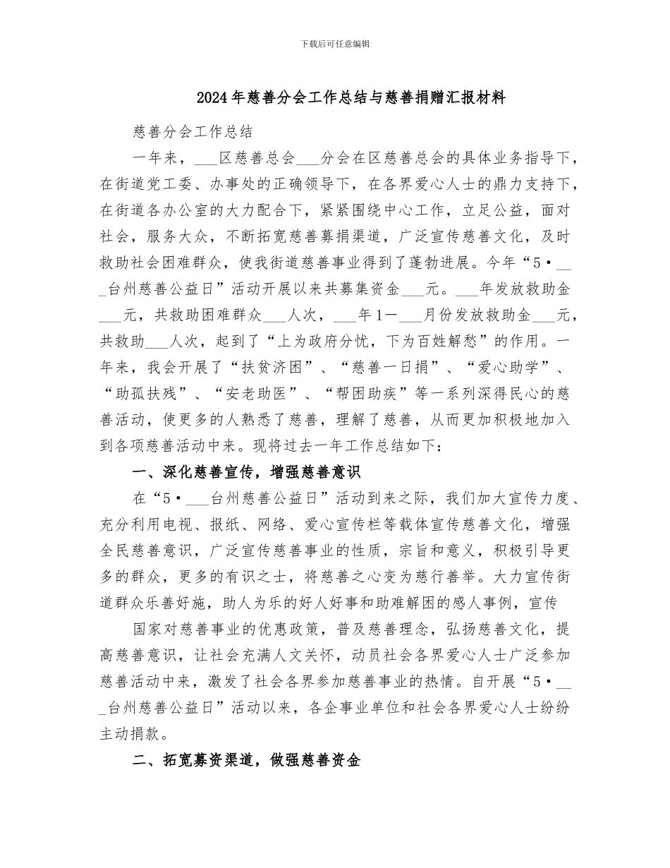 2024年慈善分会工作总结与慈善捐赠汇报材料_第1页