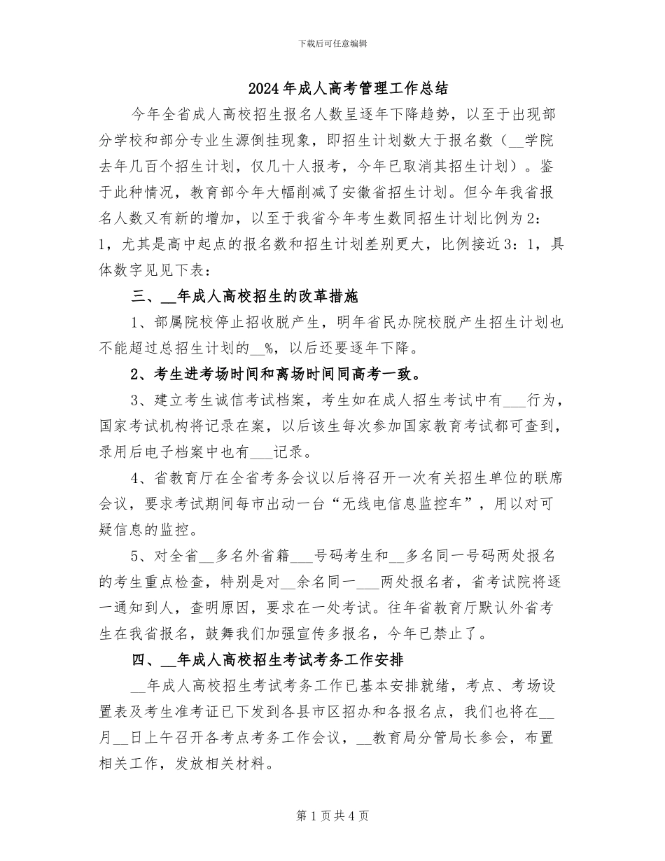 2024年成人高考管理工作总结_第1页