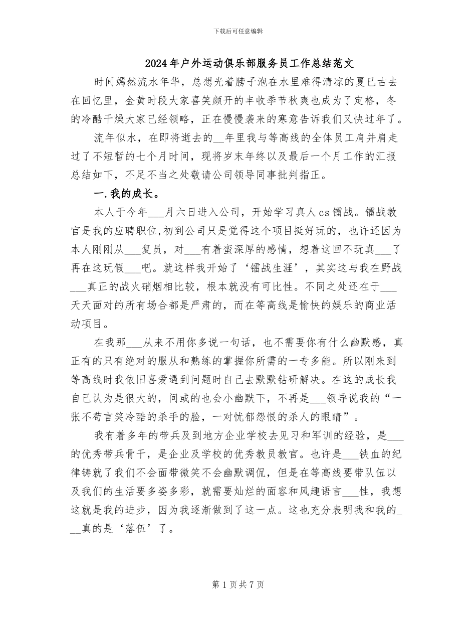 2024年户外运动俱乐部服务员工作总结范文_第1页