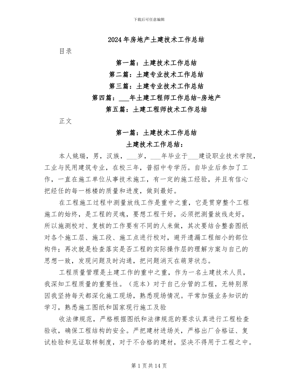 2024年房地产土建技术工作总结_第1页