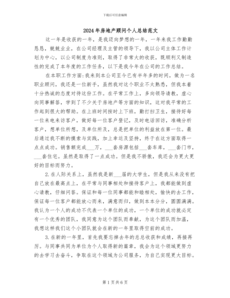 2024年房地产顾问个人总结范文_第1页