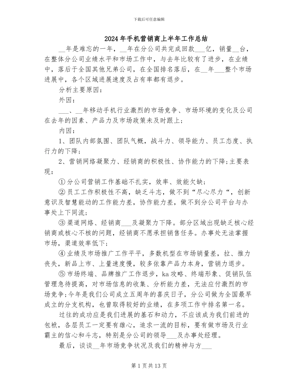 2024年手机营销商上半年工作总结_第1页