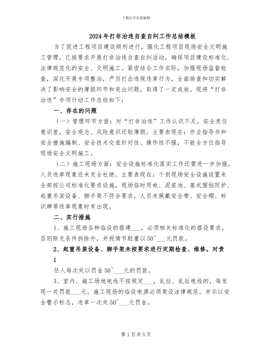 2024年打非治违自查自纠工作总结模板_第1页