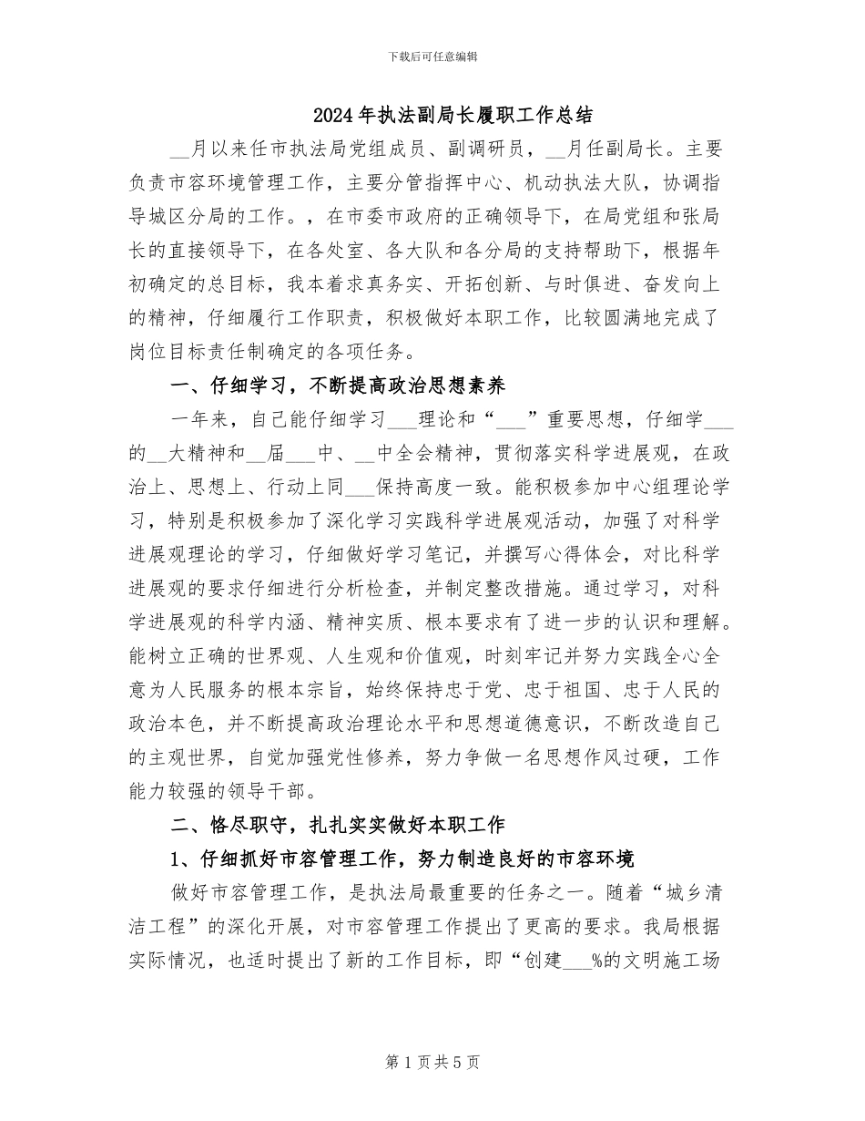 2024年执法副局长履职工作总结_第1页