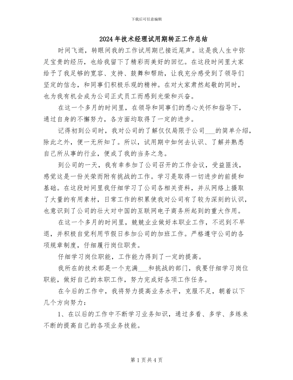 2024年技术经理试用期转正工作总结_第1页