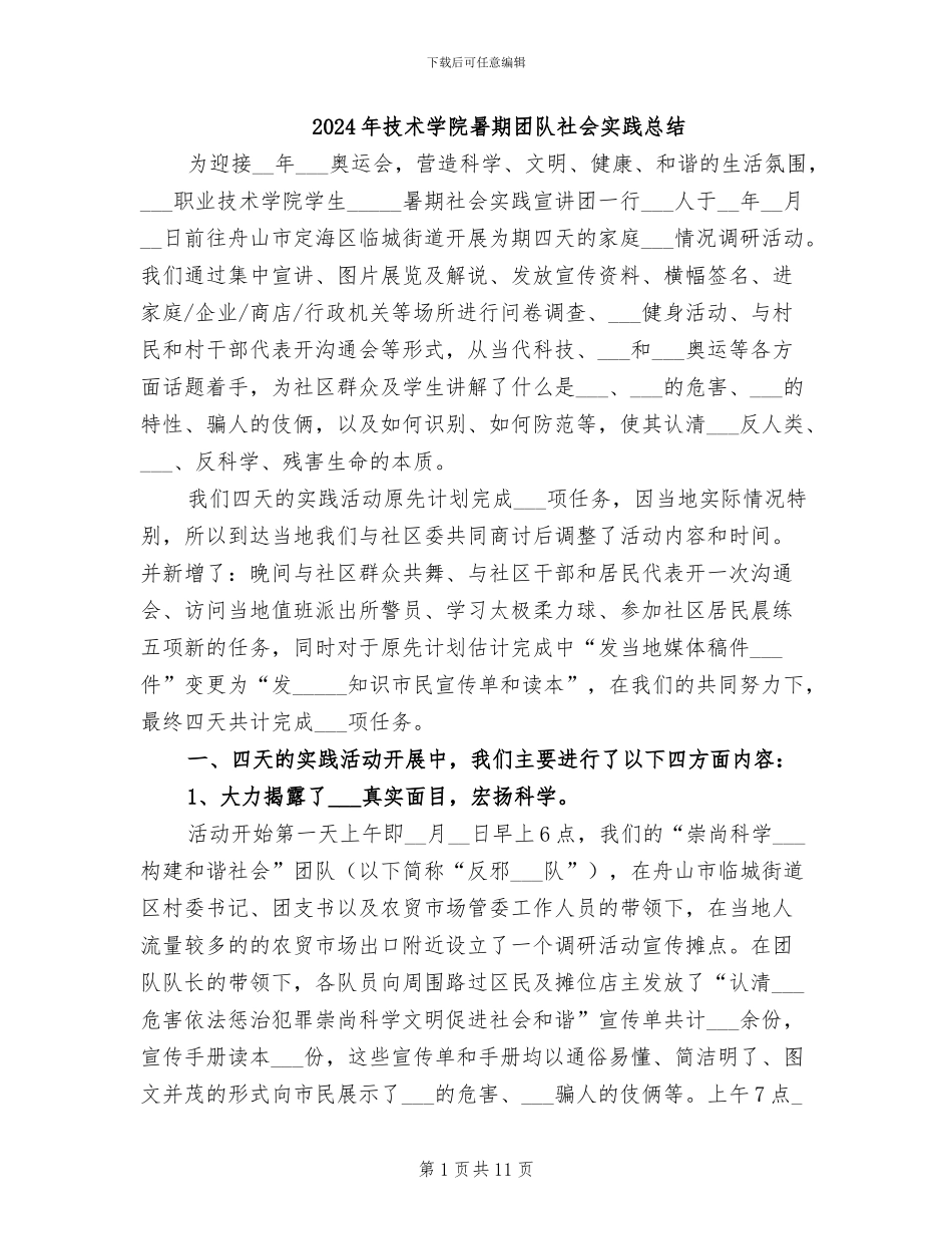 2024年技术学院暑期团队社会实践总结_第1页