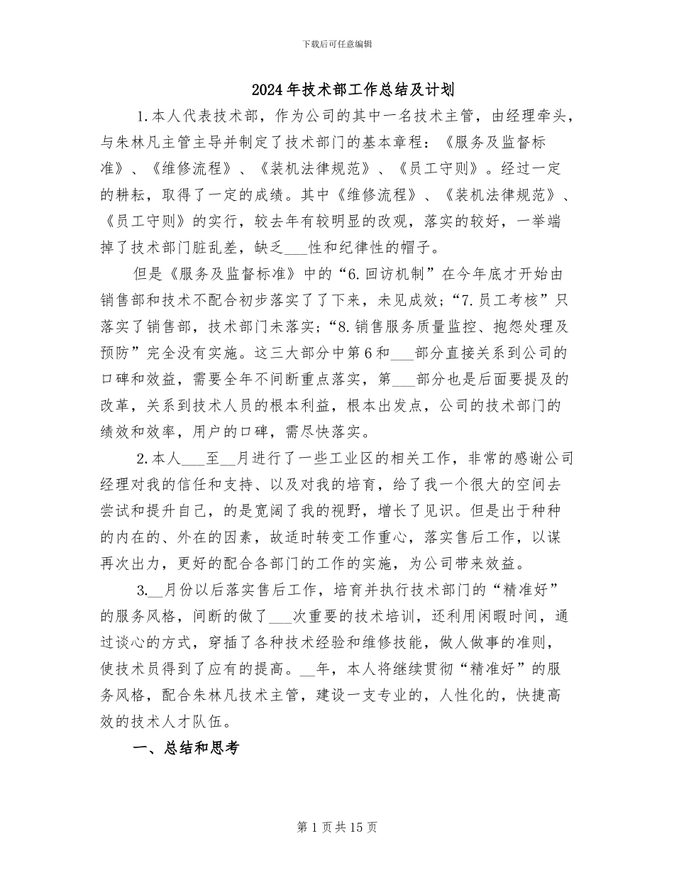 2024年技术部工作总结及计划_第1页