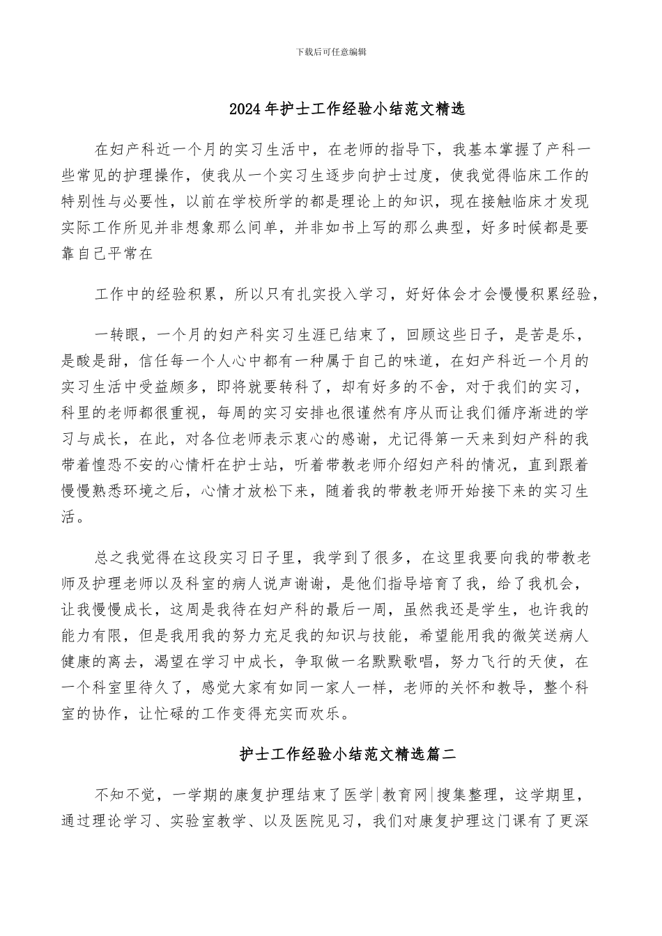 2024年护士工作经验小结范文精选_第1页