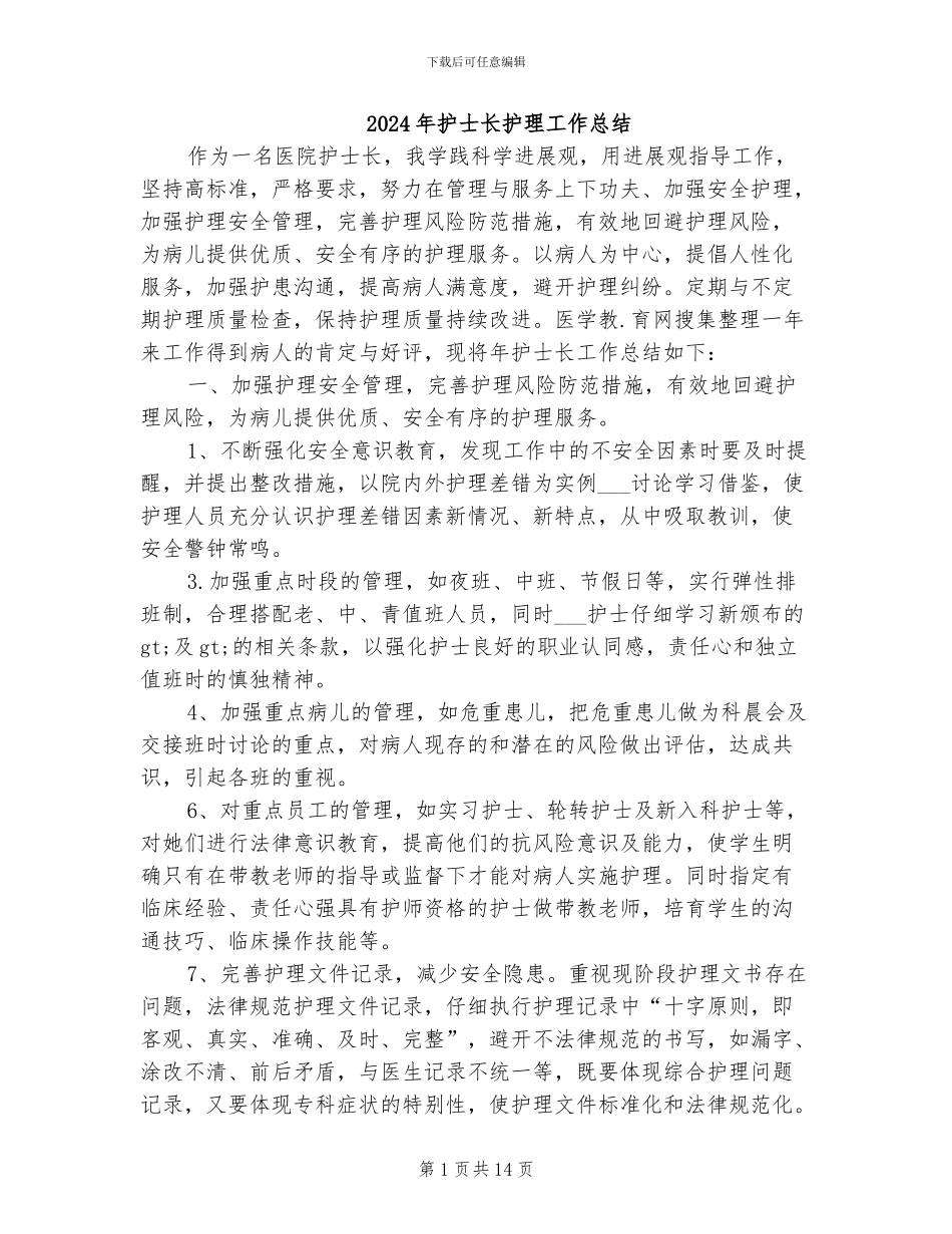 2024年护士长护理工作总结_第1页