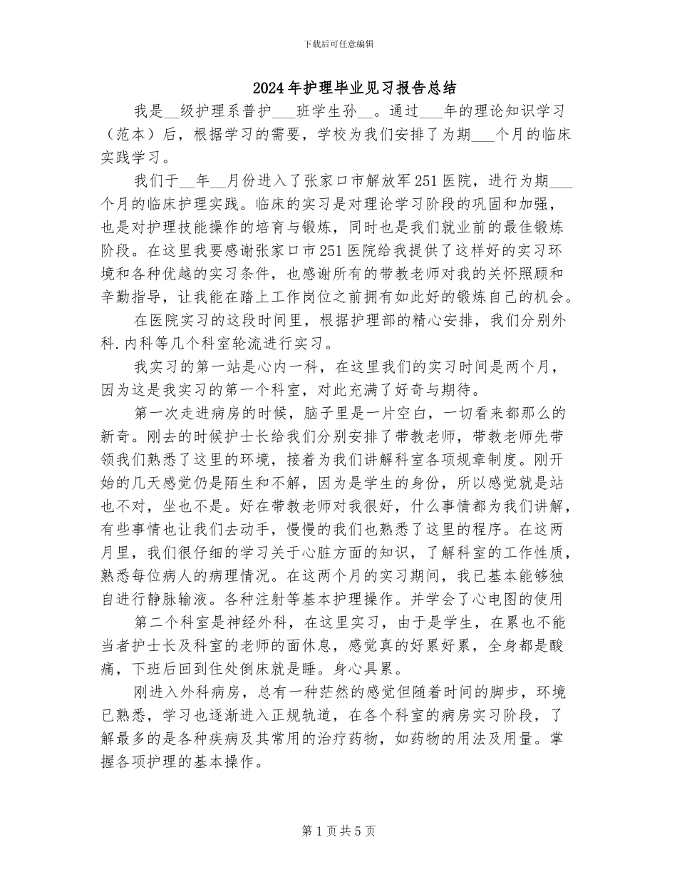 2024年护理毕业见习报告总结_第1页