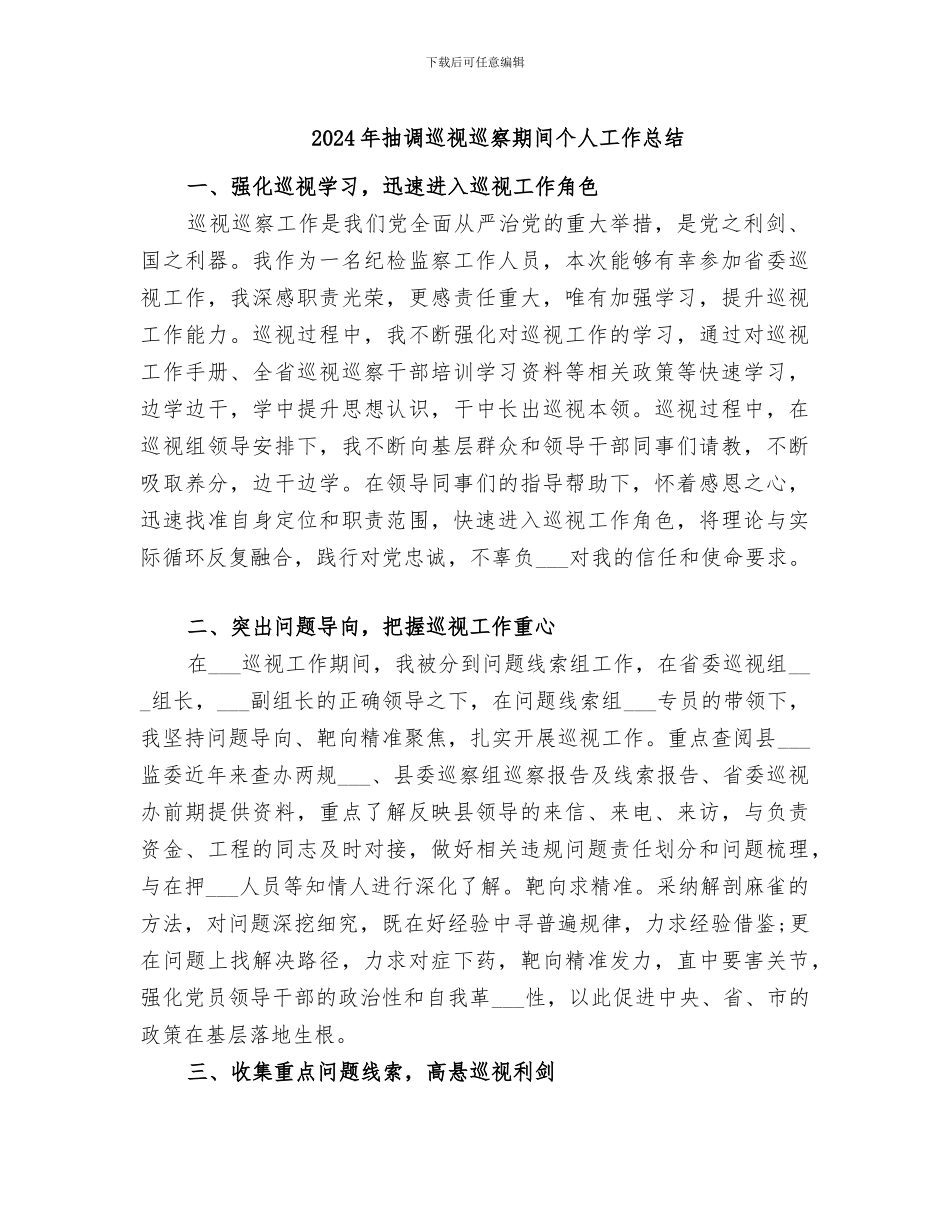 2024年抽调巡视巡察期间个人工作总结_第1页