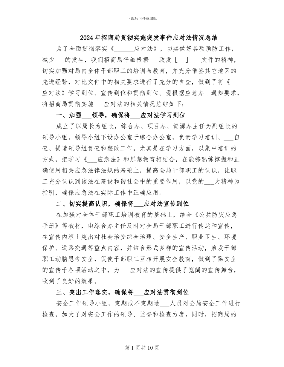 2024年招商局贯彻实施突发事件应对法情况总结_第1页