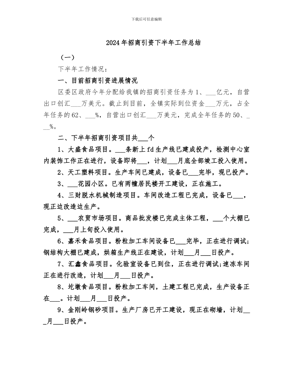 2024年招商引资下半年工作总结_第1页
