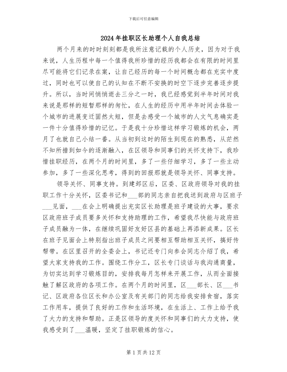 2024年挂职区长助理个人自我总结_第1页